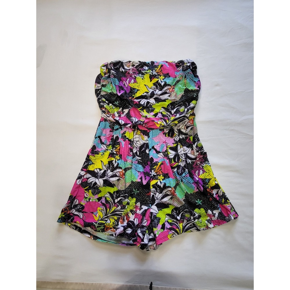 Rouge Collection Womens 2X Strapless Romper Floral Graffiti Print Multi-Color
